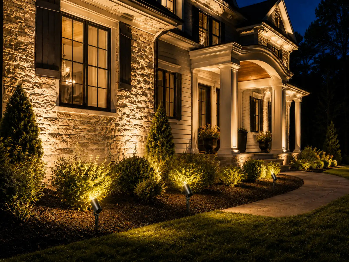 Best path lights — low voltage path lights along a straight front walk at dusk