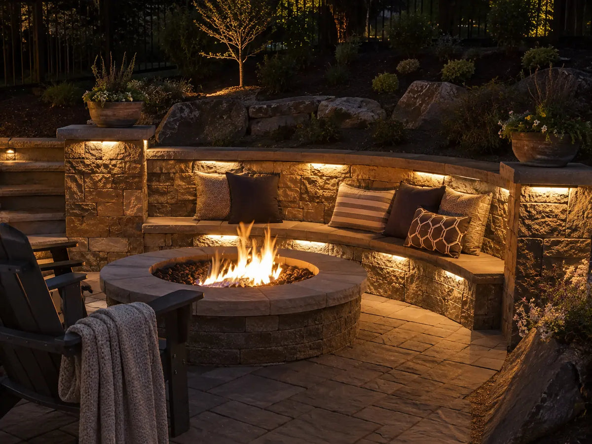 Solar vs low voltage landscape lighting — a solar path light beside a wired path light in a garden bed