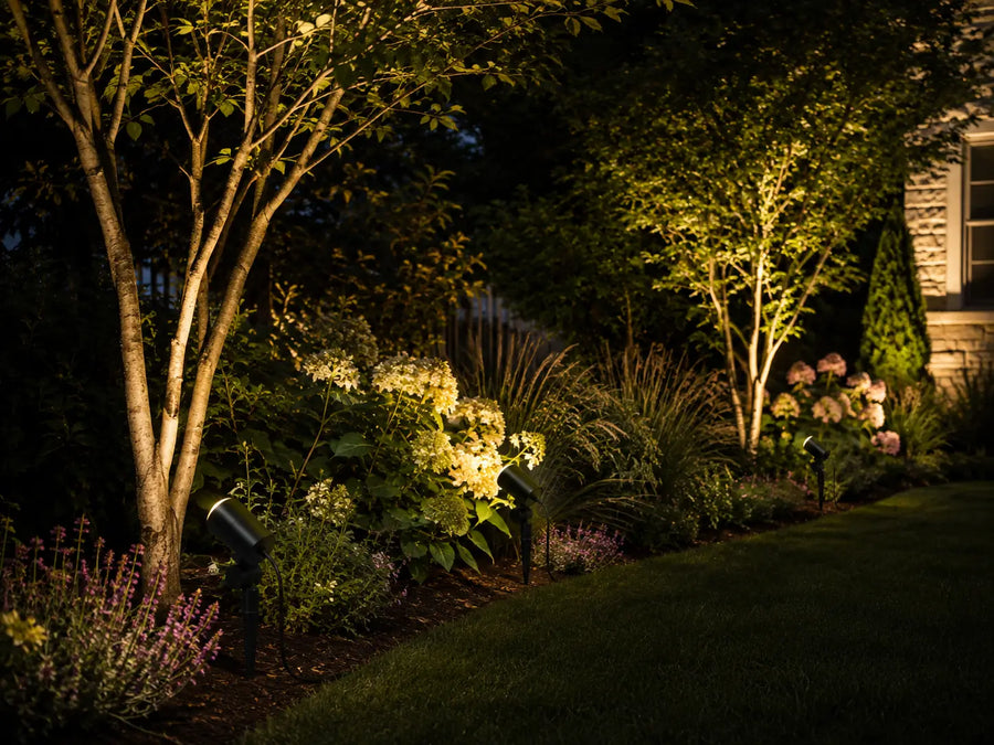 Low voltage landscape lighting — a 12 V system lighting a front walk, steps and a tree at dusk