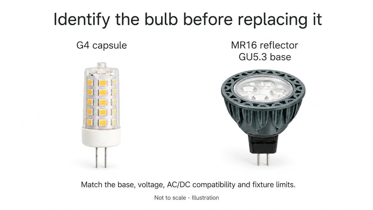 G4 capsule and MR16 bulb illustrations showing their different two-pin bases.