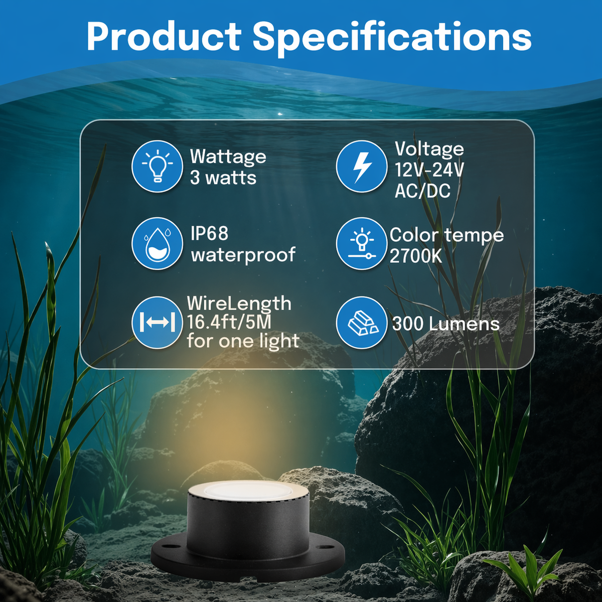 HIBOITEC Lampes de bassin 3W LED IP68 Étanche Lumières sous-marines avec Cordon UL Blanc chaud 2700K Éclairage paysager basse tension pour fontaine de jardin piscine Compatible 12-24V AC/DC Couleur : Chaud