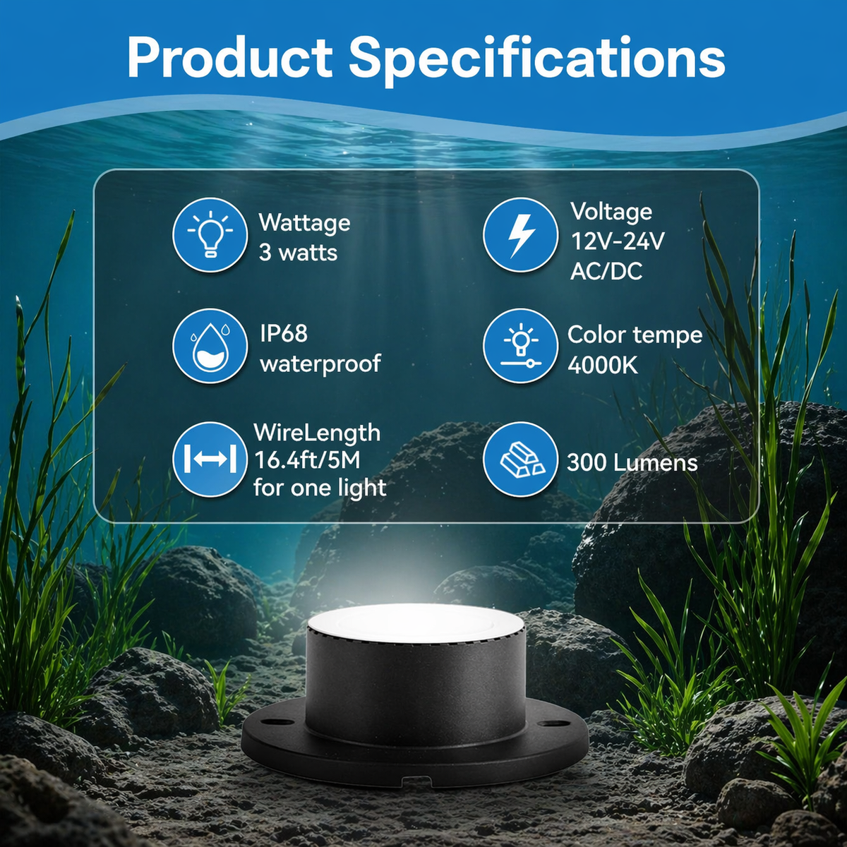 HIBOITEC Lampes de bassin 3W LED IP68 Étanche Lumières sous-marines avec Cordon UL Blanc chaud 2700K Éclairage paysager basse tension pour fontaine de jardin piscine Compatible 12-24V AC/DC Couleur : Chaud