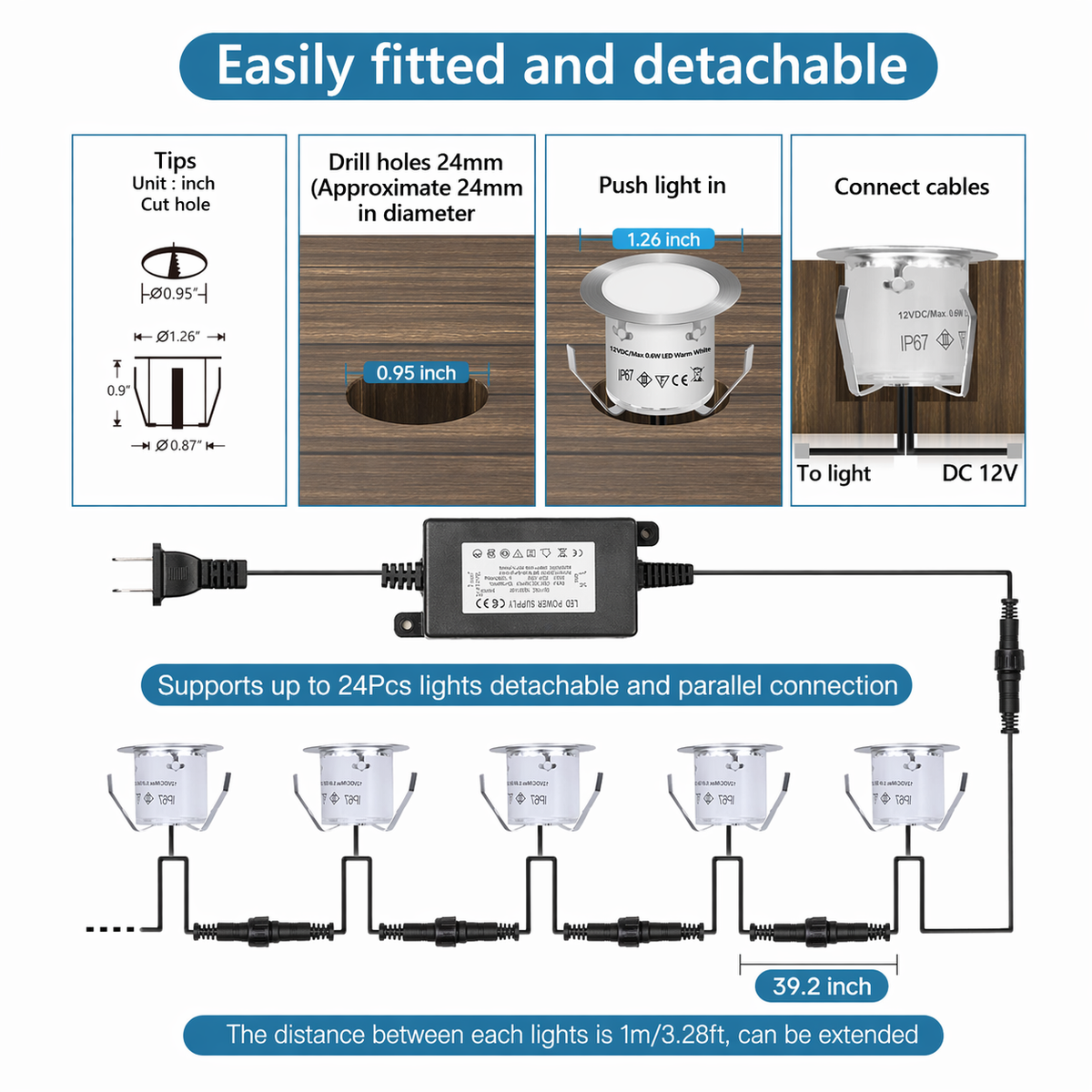 HIBOITEC Kits de lumières de pont à LED encastrées (lot de 16) 12V Lumières de paysage basse tension IP67 Éclairage extérieur étanche pour marches d'escalier, terrasse, sol, décoration de jardin, Blanc