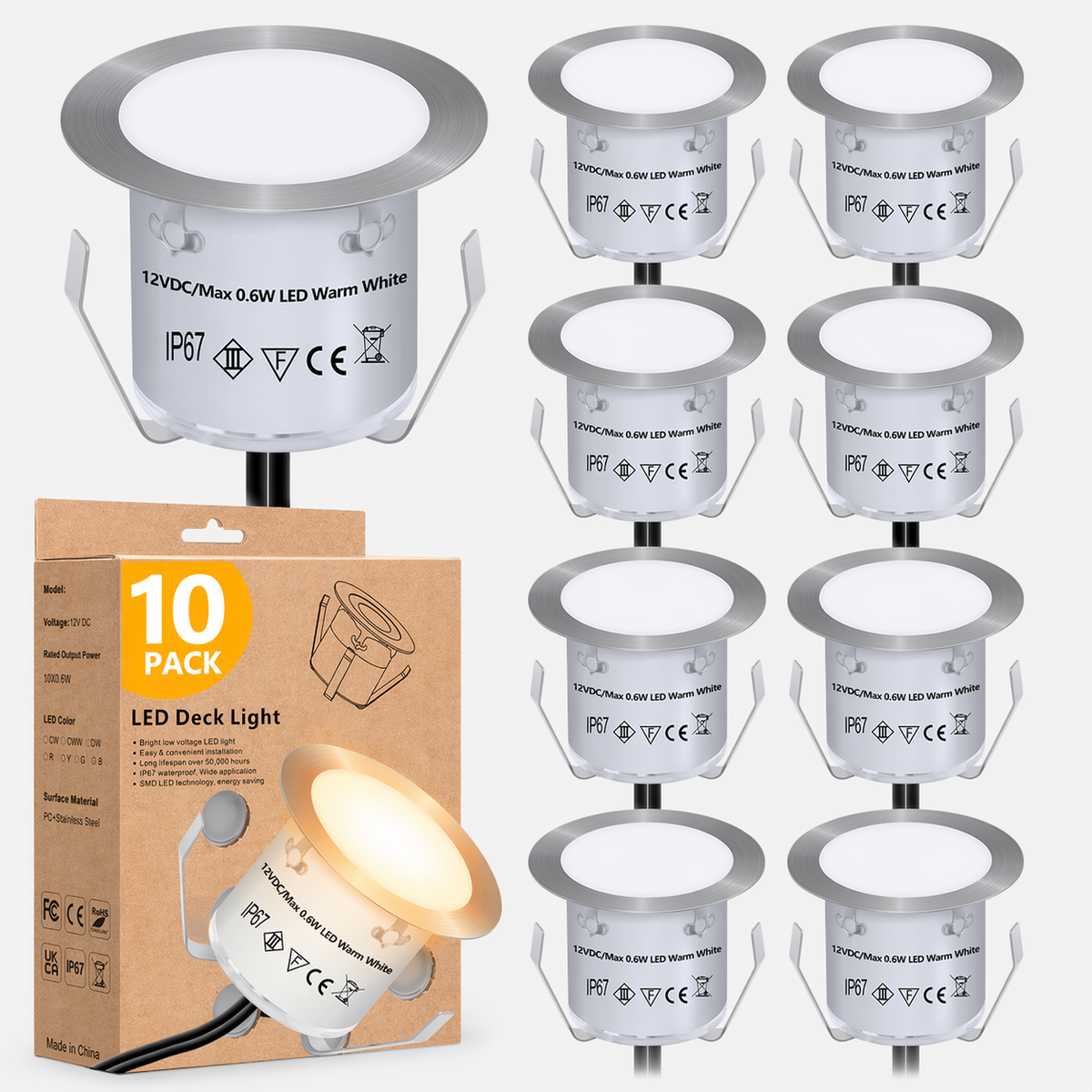 HIBOITEC Kits de lumières de pont à LED encastrées (lot de 16) 12V Lumières de paysage basse tension IP67 Éclairage extérieur étanche pour marches d'escalier, terrasse, sol, décoration de jardin, Blanc