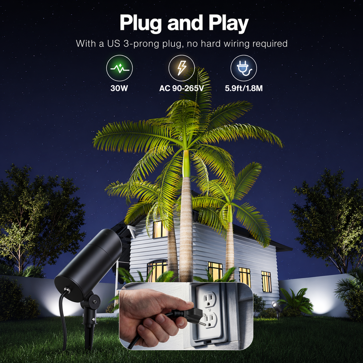 HIBOITEC 1er-Pack 30W LED Außenstrahler 120V mit Stecker, Fahnenmastleuchte 3000LM 3000K Warmweiß Wasserdichter Landschaftsstrahler für Hof Garten Baum Statue, 1,8 m Kabel mit Stecker, Warmweiß