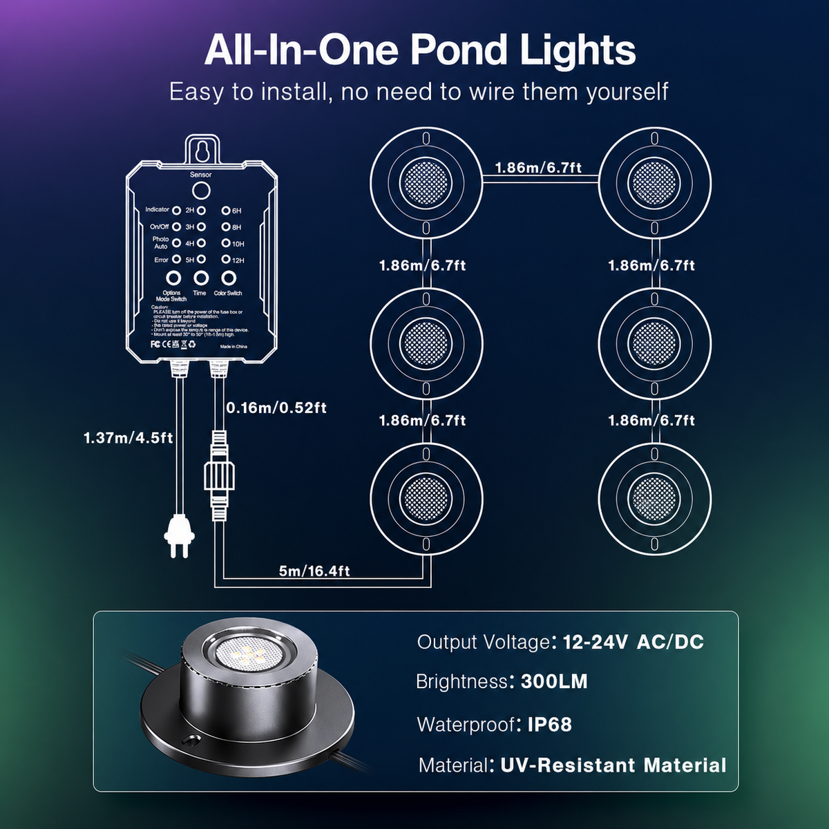 RGBWW LED Pond Lights with Transformer, IP68 Waterproof Underwater Lighting