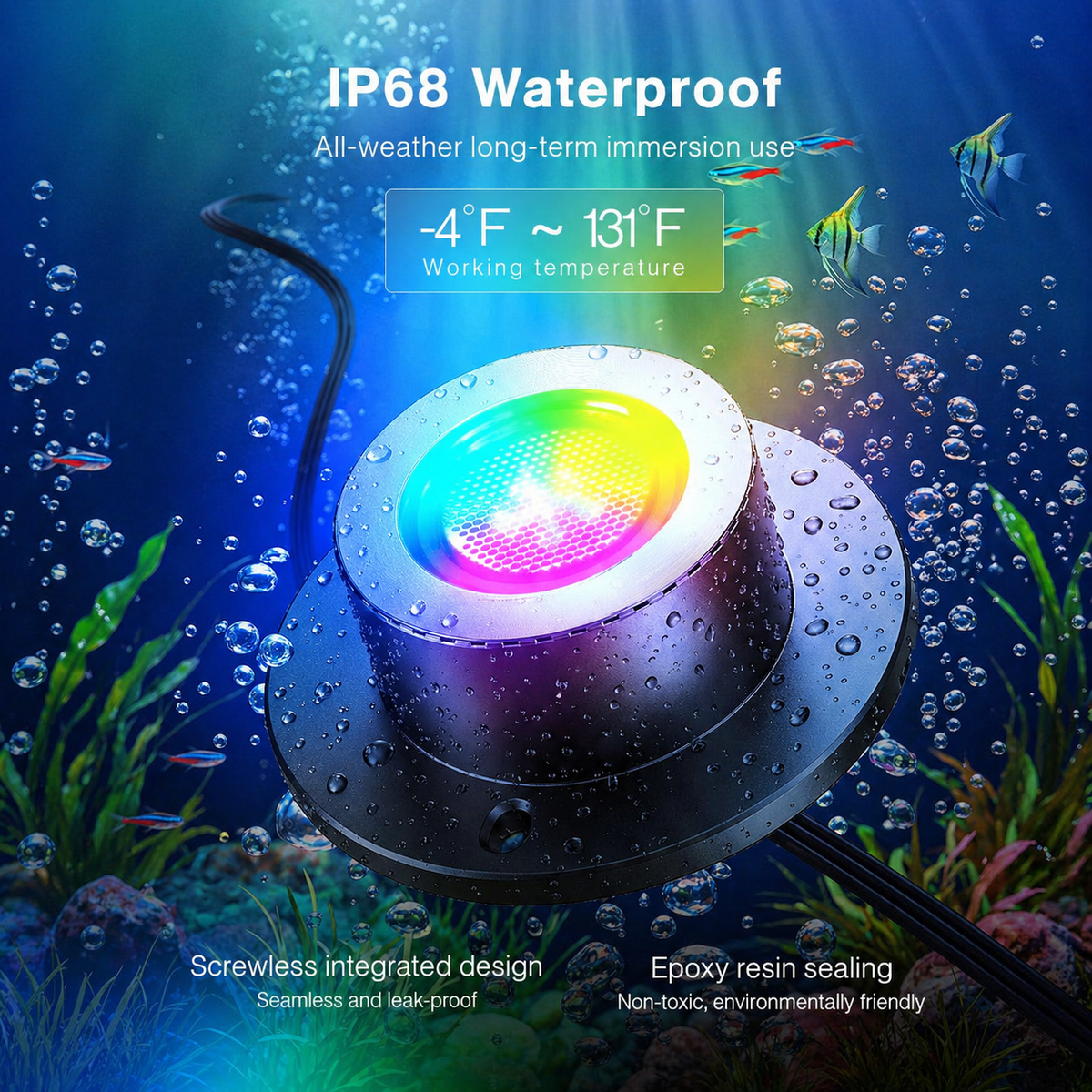 RGBWW LED Pond Lights with Transformer, IP68 Waterproof Underwater Lighting