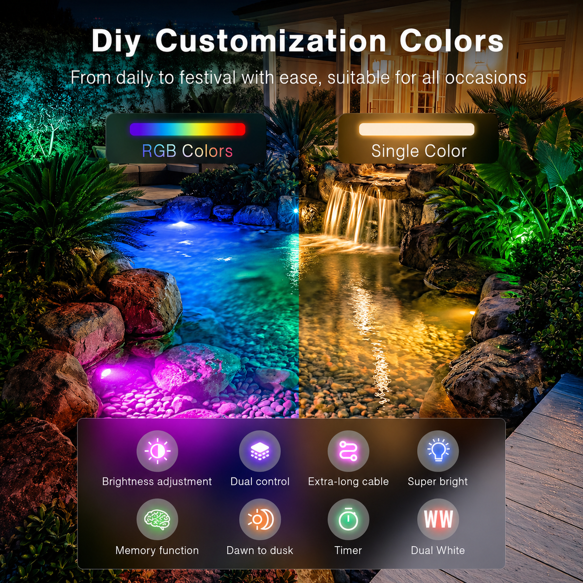 RGBWW LED Pond Lights with Transformer, IP68 Waterproof Underwater Lighting