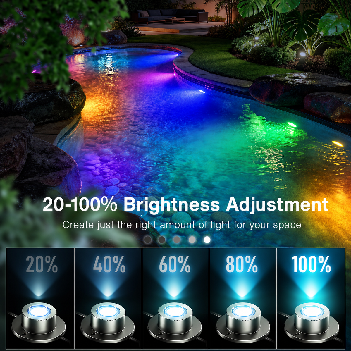 RGBWW LED Pond Lights with Transformer, IP68 Waterproof Underwater Lighting