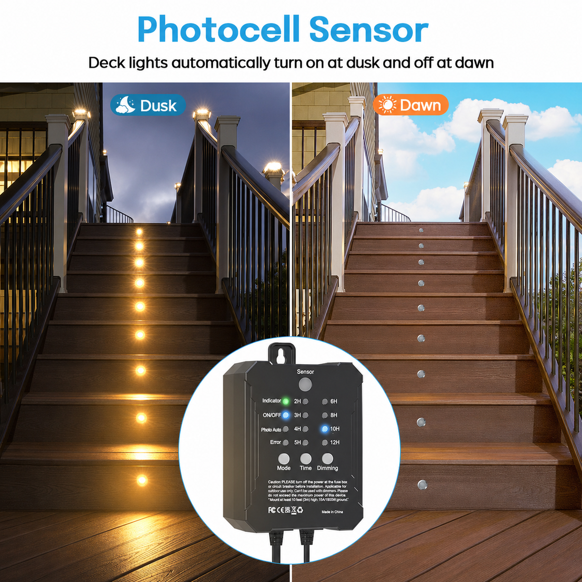 HIBOITEC Niedervolt-Deckleuchten Einbauset mit Transformator, dimmbar, Timer und Fotozellen-Sensor, LED-Terrassenbeleuchtung für den Außenbereich, IP67 wasserdicht, 4000K für Treppenstufen, Garten, Hof, Farbe: Weiß
