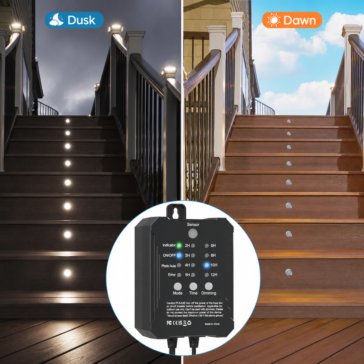HIBOITEC Niedervolt-Deckleuchten Einbauset mit Transformator, dimmbar, Timer und Fotozellen-Sensor, LED-Terrassenbeleuchtung für den Außenbereich, IP67 wasserdicht, 4000K für Treppenstufen, Garten, Hof, Farbe: Weiß