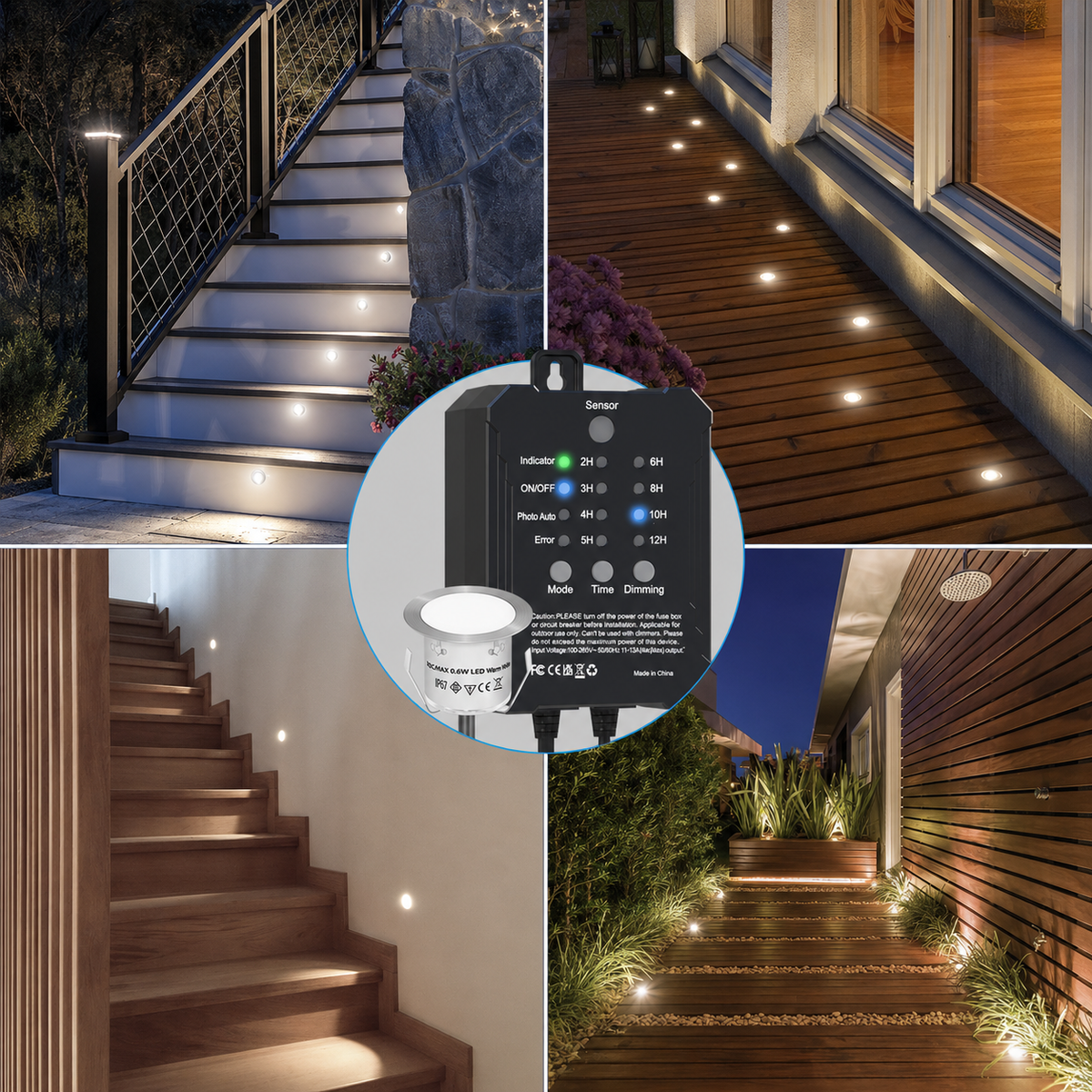 HIBOITEC Niedervolt-Deckleuchten Einbauset mit Transformator, dimmbar, Timer und Fotozellen-Sensor, LED-Terrassenbeleuchtung für den Außenbereich, IP67 wasserdicht, 4000K für Treppenstufen, Garten, Hof, Farbe: Weiß