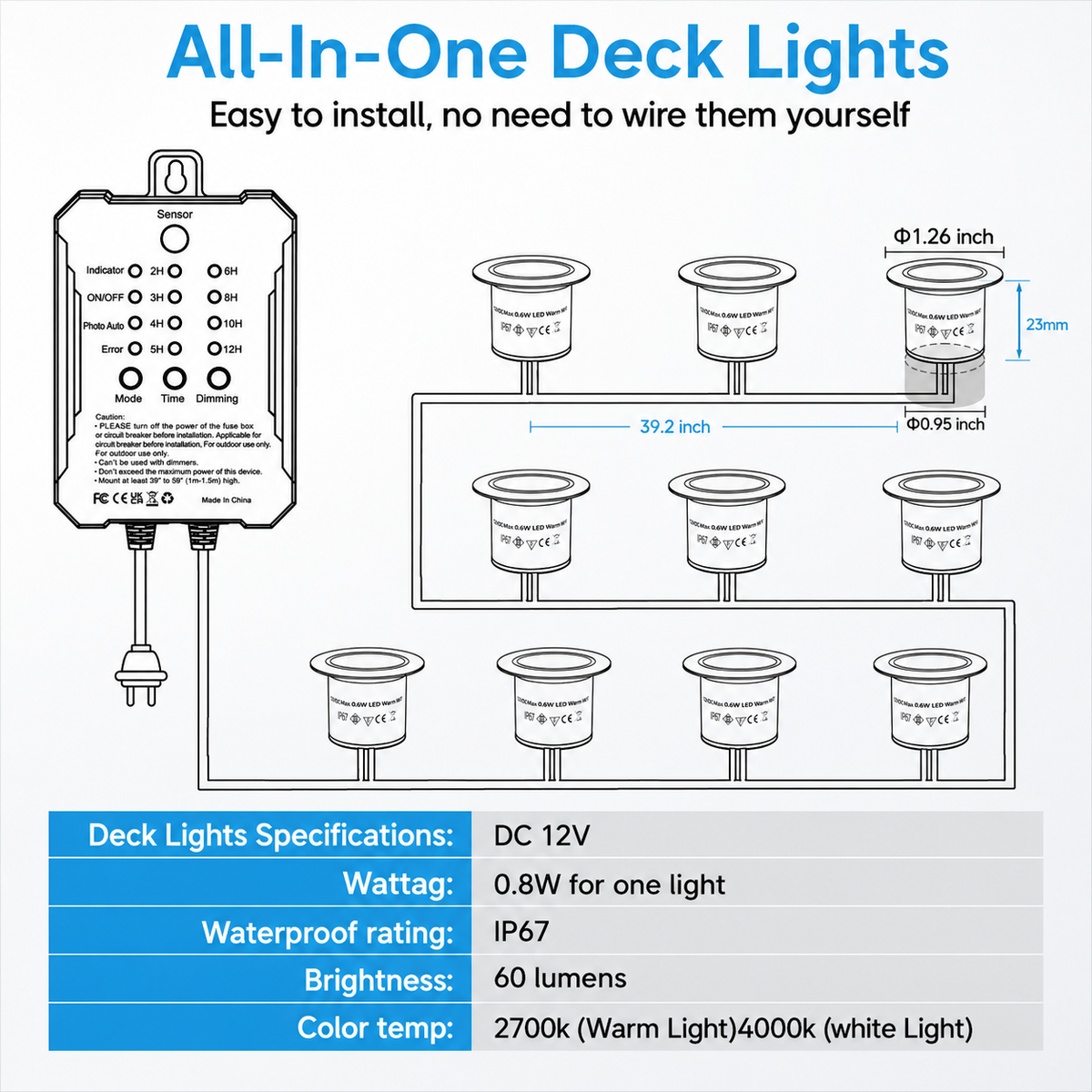 Recessed Deck Lights Kit, 3CCT 2700K-5000K with Transformer