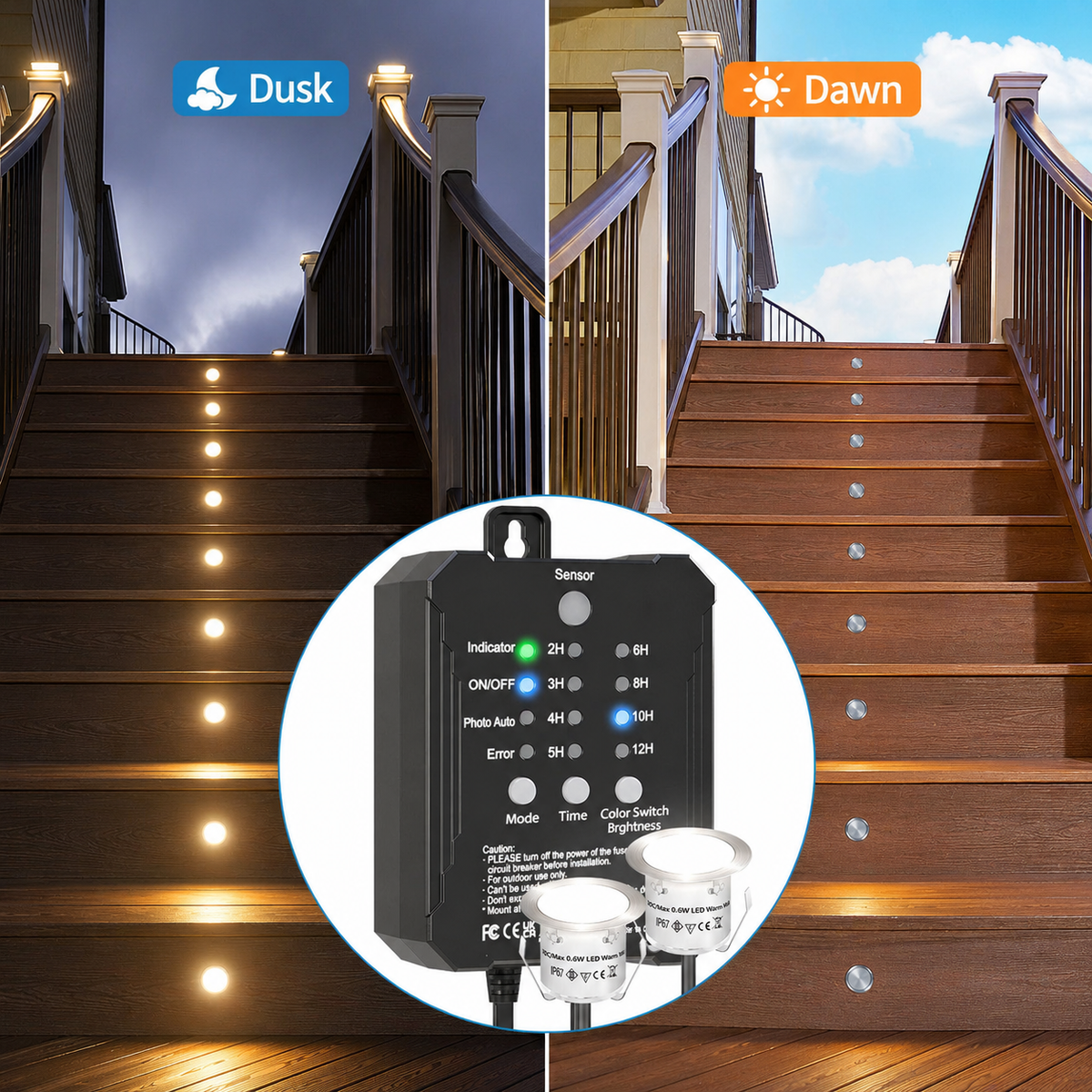 HIBOITEC Niederspannungs-Einbauleuchten-Set für Terrassen 3CCT 2700K-5000K mit Transformator Dimmbarer Timer und Fotozellensensor Außen-LED-Terrassenbeleuchtung IP67 Wasserdicht für Treppenstufen und Garten Farbe: Warm oder Weiß