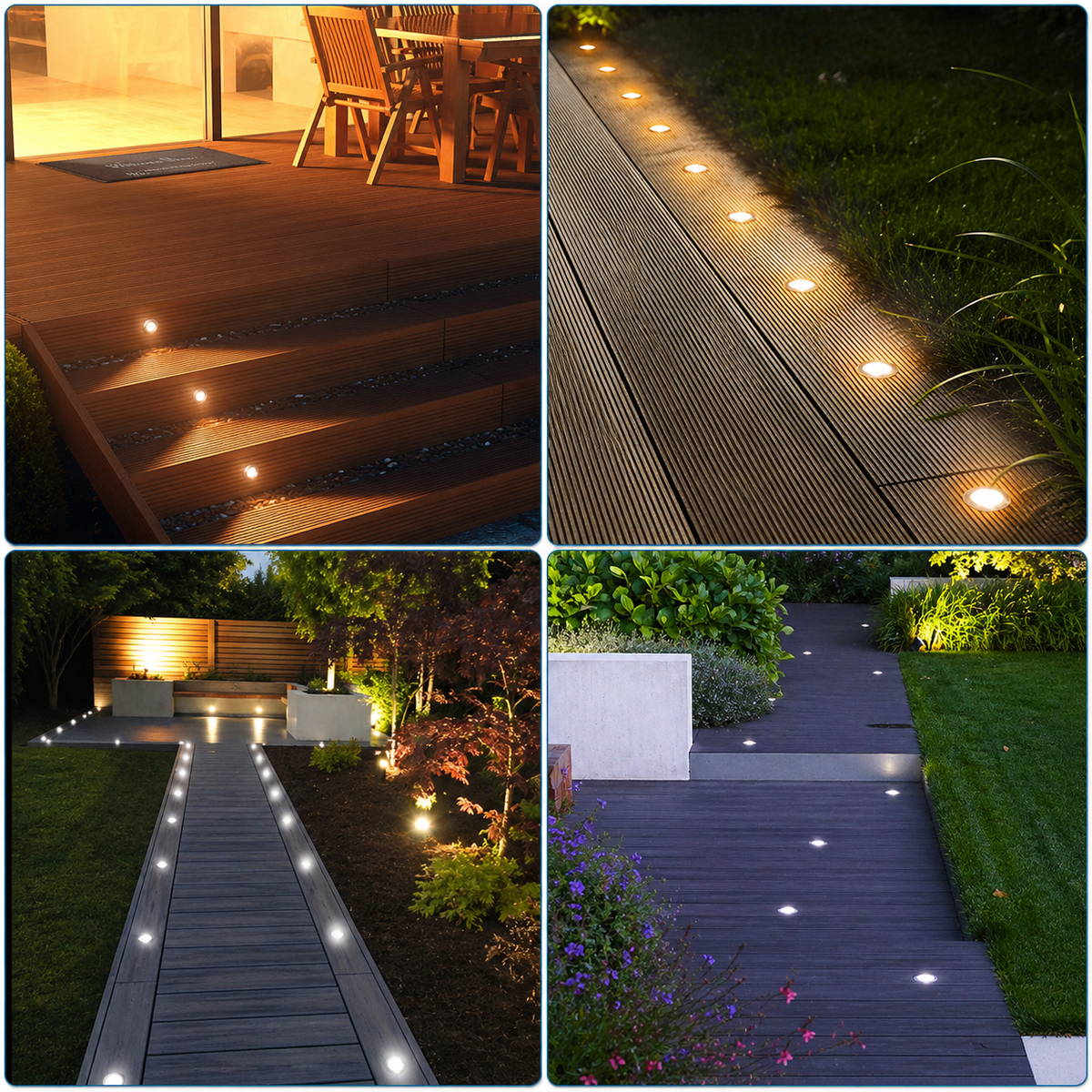 HIBOITEC Niederspannungs-Einbauleuchten-Set für Terrassen 3CCT 2700K-5000K mit Transformator Dimmbarer Timer und Fotozellensensor Außen-LED-Terrassenbeleuchtung IP67 Wasserdicht für Treppenstufen und Garten Farbe: Warm oder Weiß