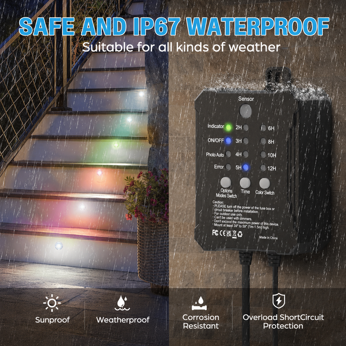 HIBOITEC RGB Deckbeleuchtungs-Set mit Niedervolt-Transformator, Timer und Fotozellensensor, Outdoor IP67 Wasserdicht für Garten, Hof, Treppe, Terrasse, Farbe: Mehrfarbig