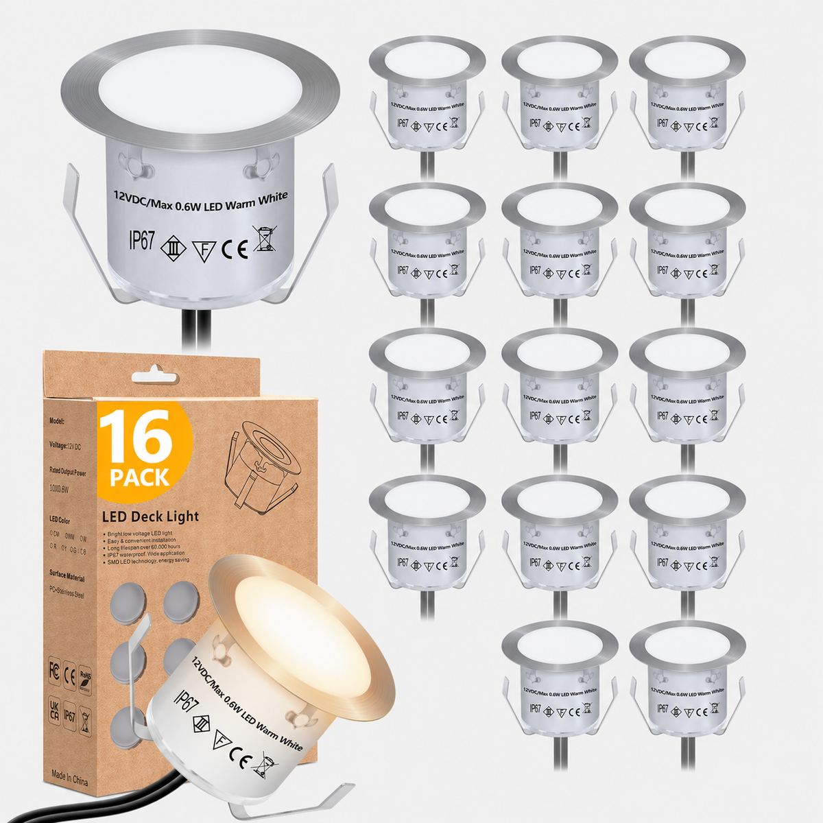 HIBOITEC Kits de lumières de pont à LED encastrées (lot de 16) 12V Lumières de paysage basse tension IP67 Éclairage extérieur étanche pour marches d'escalier, terrasse, sol, décoration de jardin, Blanc
