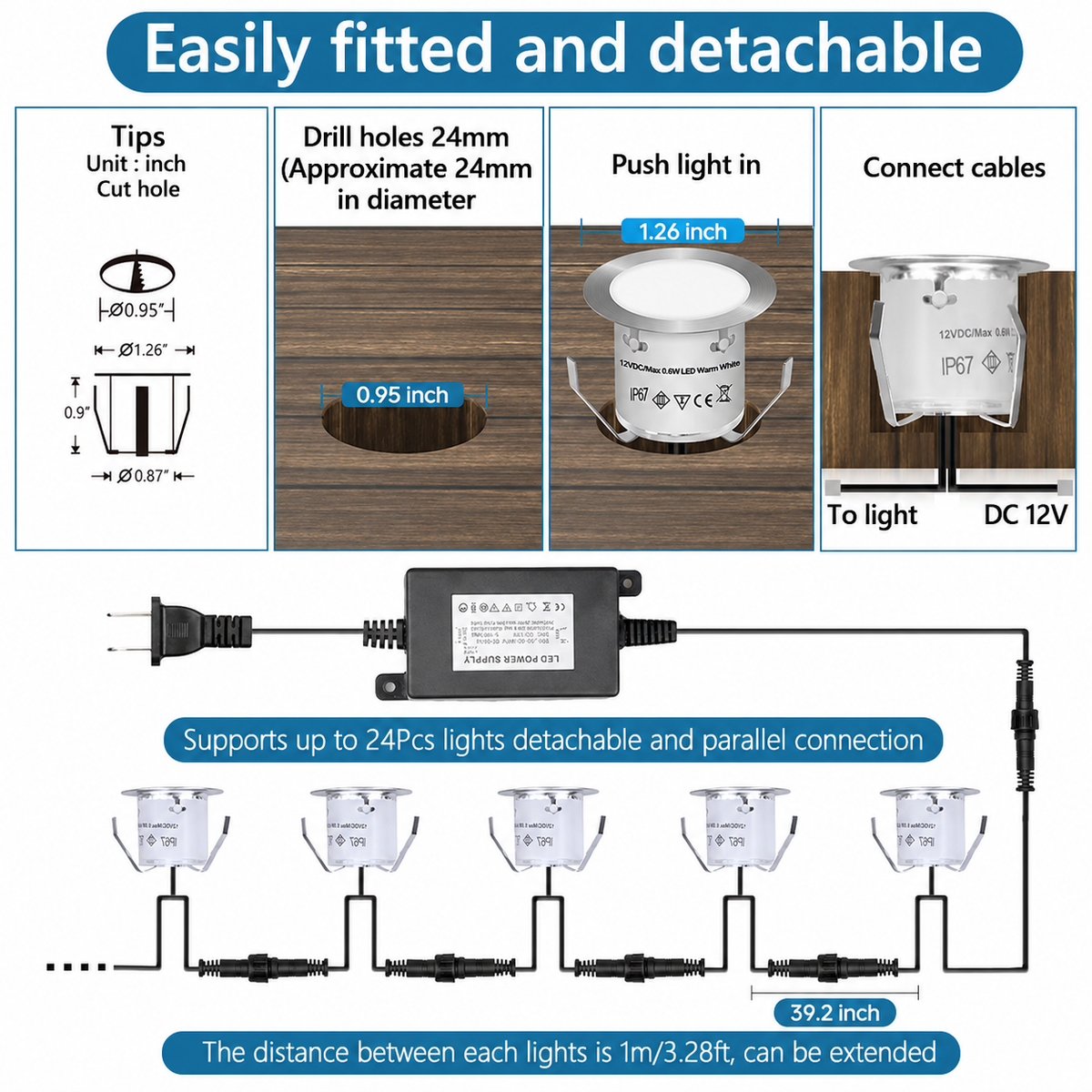 HIBOITEC Kits de spots LED encastrables avec télécommande φ42mm, pack de 10 lumières de terrasse étanches IP67, éclairage LED extérieur basse tension 12V pour jardin, patio, escalier Couleur : Blanc chaud
