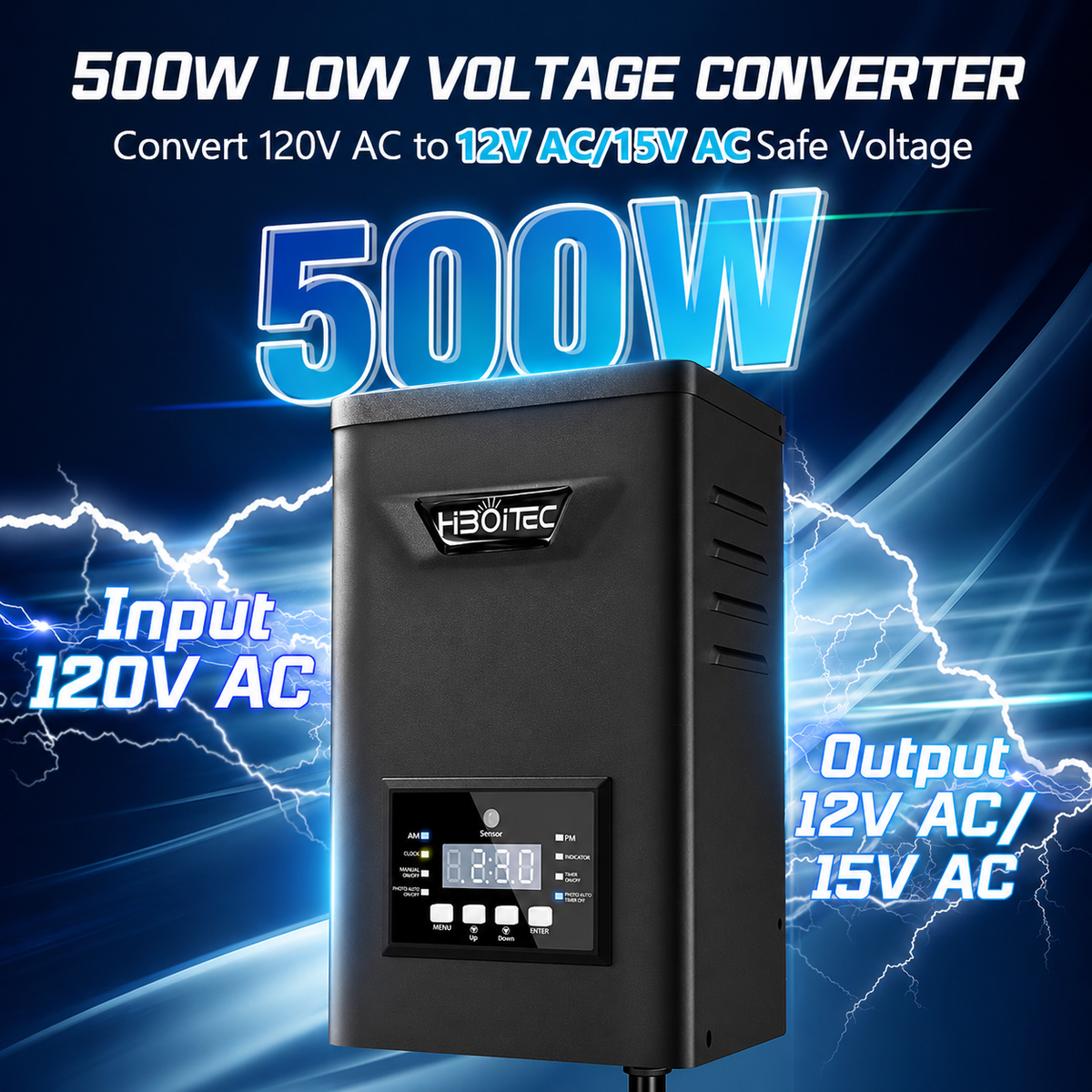 HIBOITEC 500W Niederspannungs-Landschaftstransformator, Außenbeleuchtungs-Transformator mit Fotozellsensor und Timer, 120V AC auf 12V/15V AC Wetterfeste Transformatoren für Landschaftsbeleuchtung Wegeleuchten