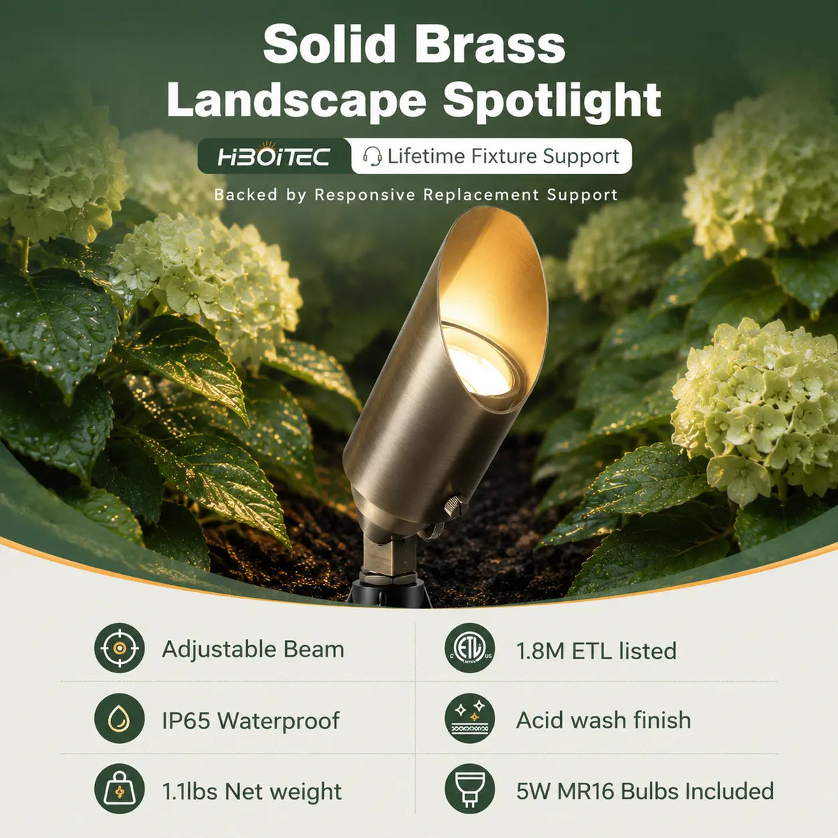 12V Brass LED Landscape Spotlight, 5W 2700K Garden Uplight