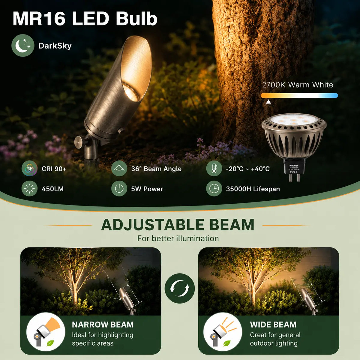 12V Brass LED Landscape Spotlight, 5W 2700K Garden Uplight