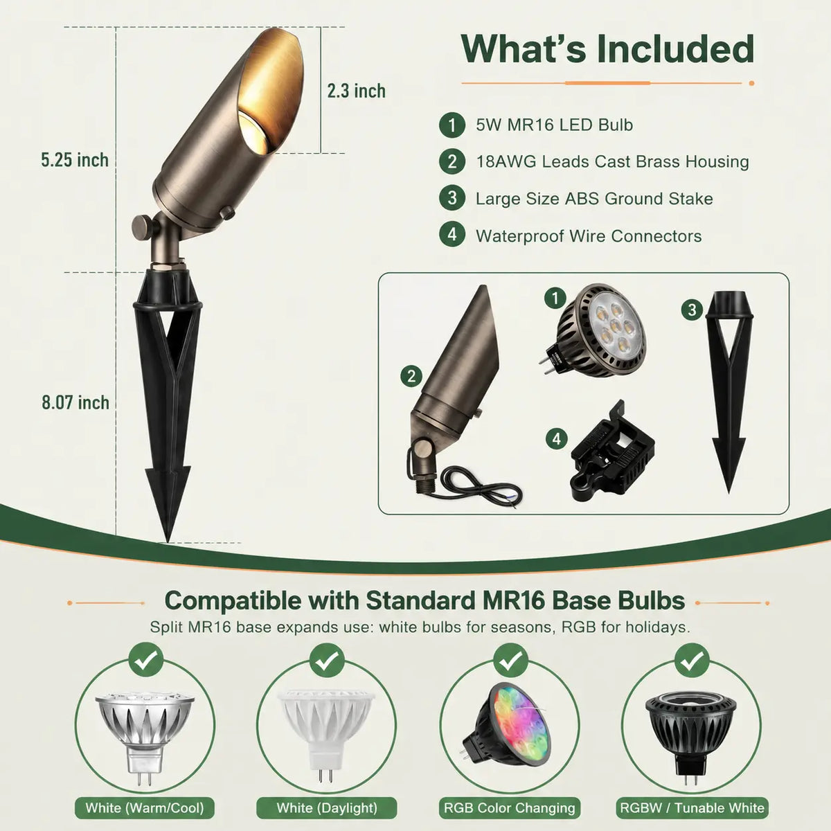 12V Brass LED Landscape Spotlight, 5W 2700K Garden Uplight
