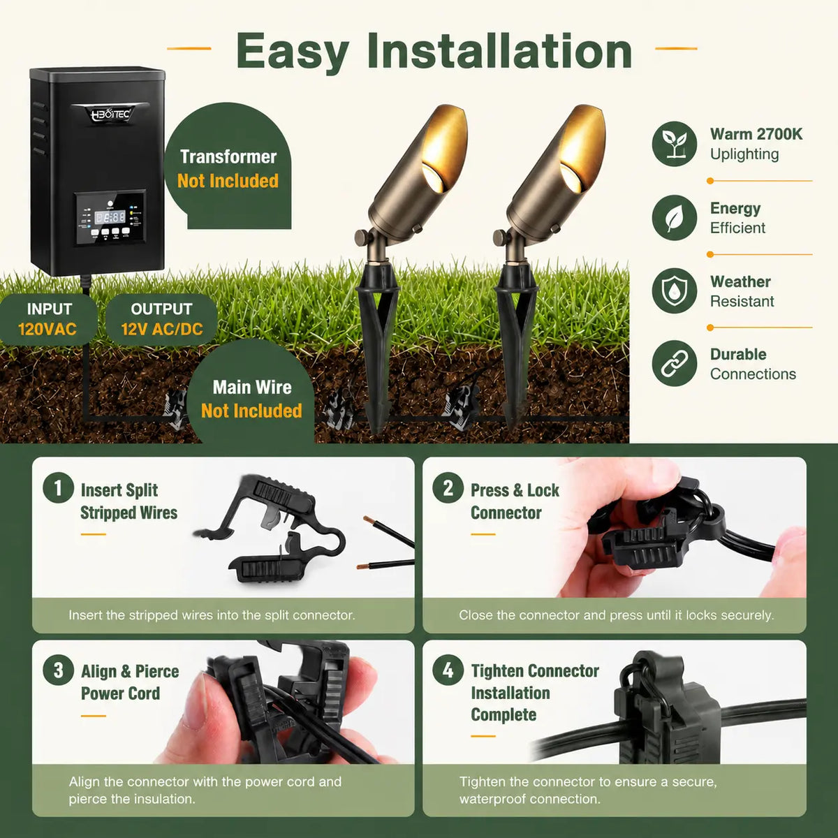 12V Brass LED Landscape Spotlight, 5W 2700K Garden Uplight