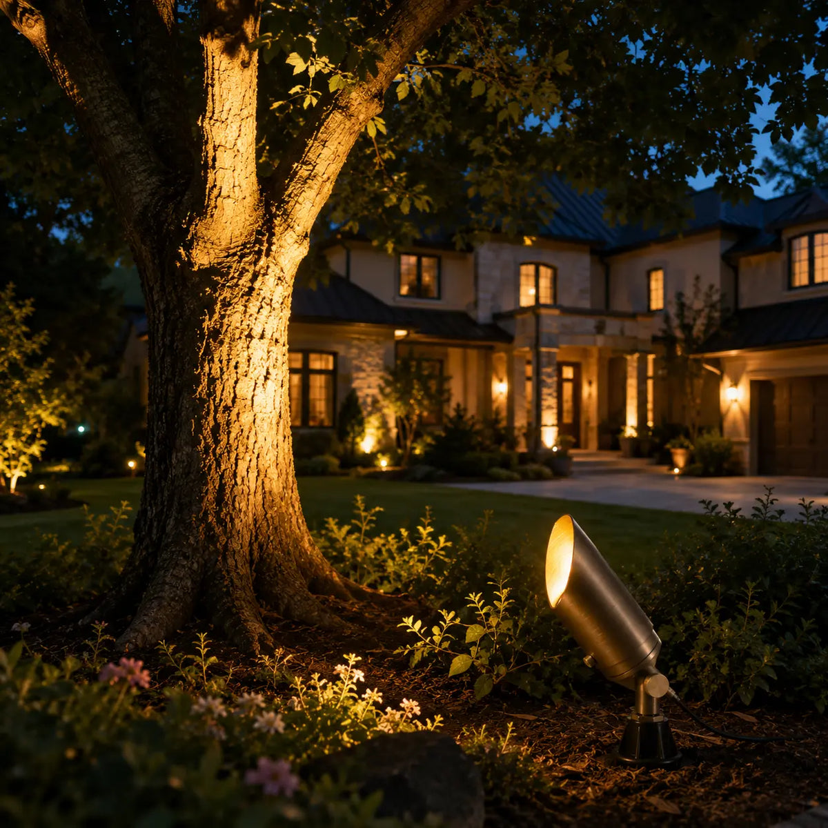 12V Brass LED Landscape Spotlight, 5W 2700K Garden Uplight