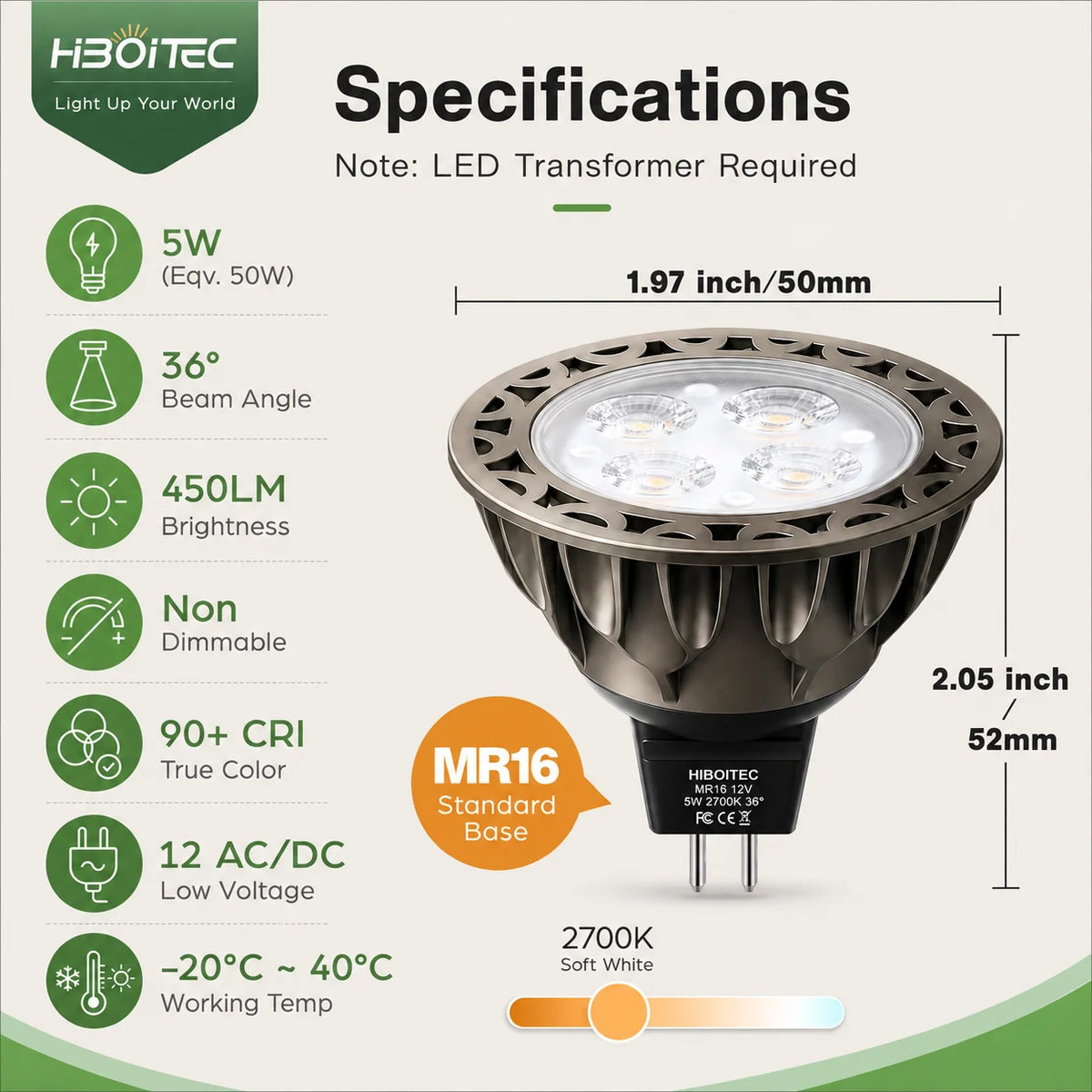 MR16 LED Bulb, 5W 2700K Warm White 450LM GU5.3