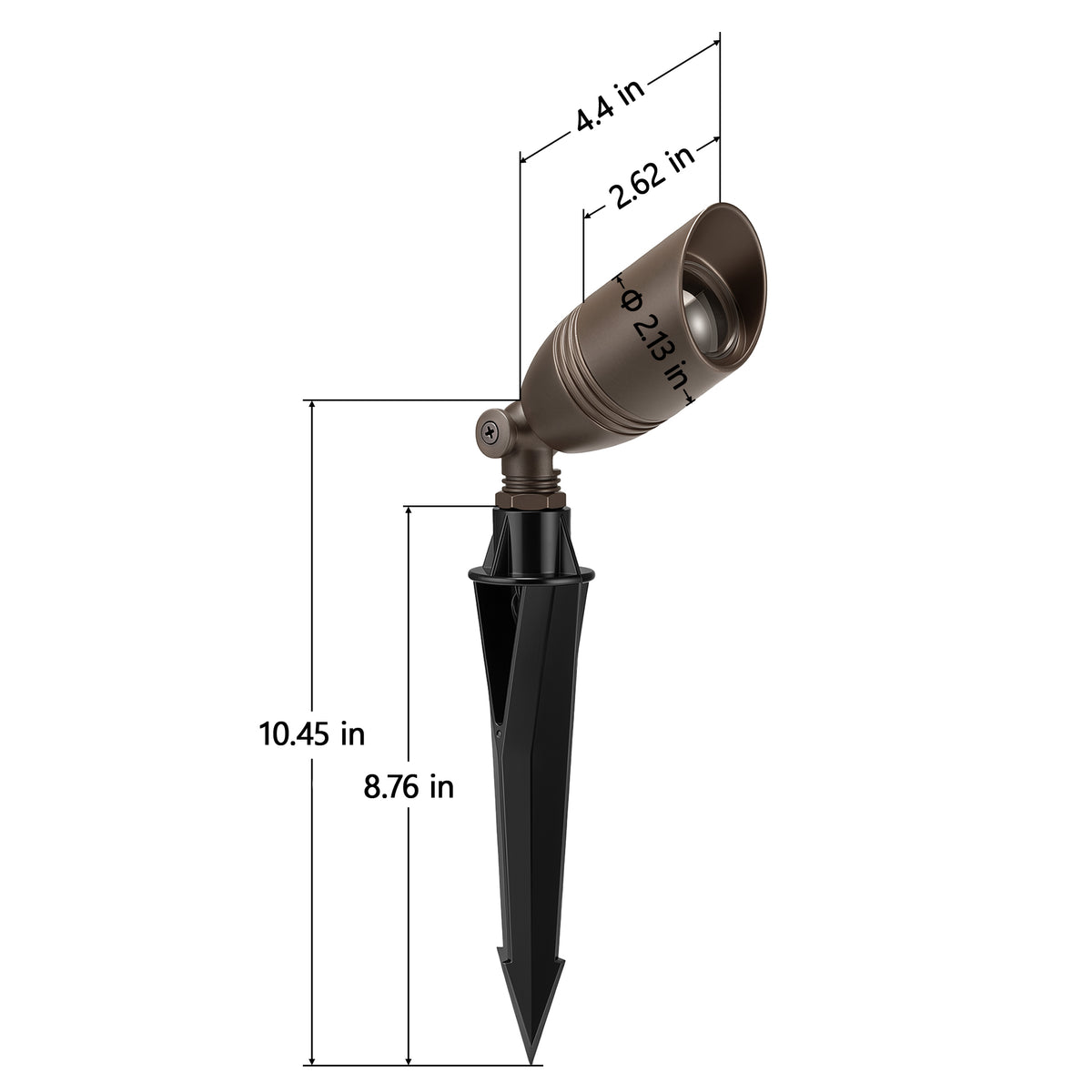 HIBOITEC Spotlight in oil rubbed bronze — fixture and ground-stake dimensions in inches