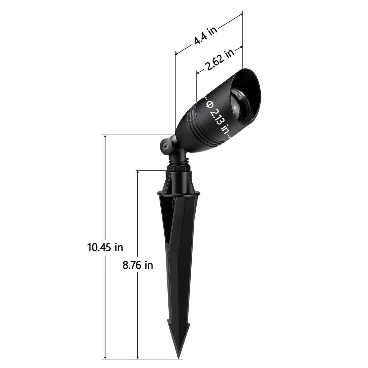 HIBOITEC Spotlight in sand black — fixture and ground-stake dimensions in inches