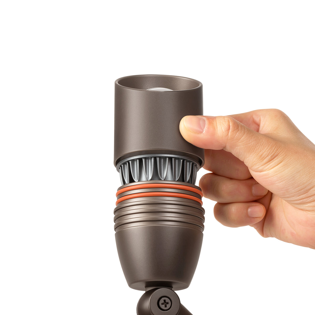 HIBOITEC Spotlight in oil rubbed bronze — shroud lifted to reveal the MR16 bulb