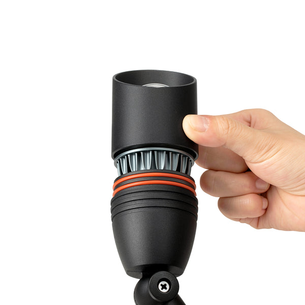 HIBOITEC Spotlight in sand black — shroud lifted to reveal the MR16 bulb