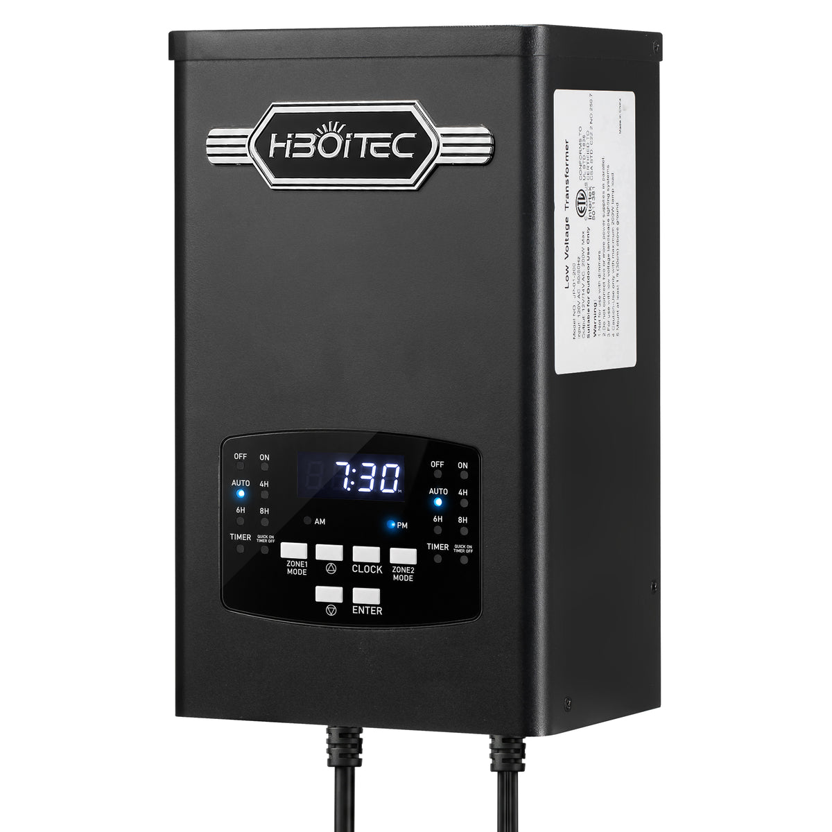 HIBOITEC 2-zone landscape transformer in black with digital controls; 200W model shown