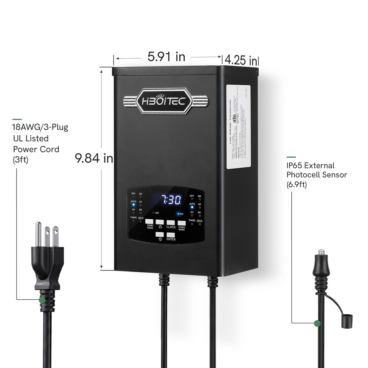 HIBOITEC 200W 2-zone transformer dimensions with power cord and external photocell