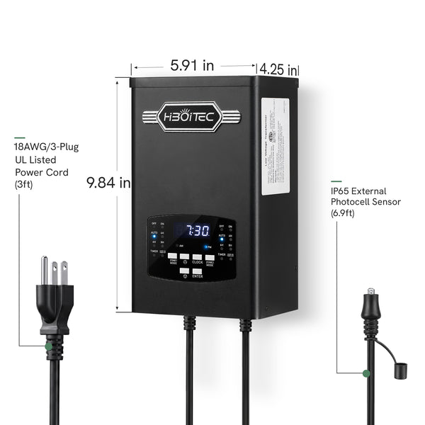 HIBOITEC 200W 2-zone transformer dimensions with power cord and external photocell