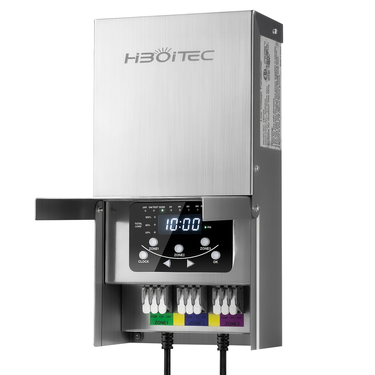 HIBOITEC 3-zone stainless steel landscape transformer with digital controls and terminals; 300W model shown