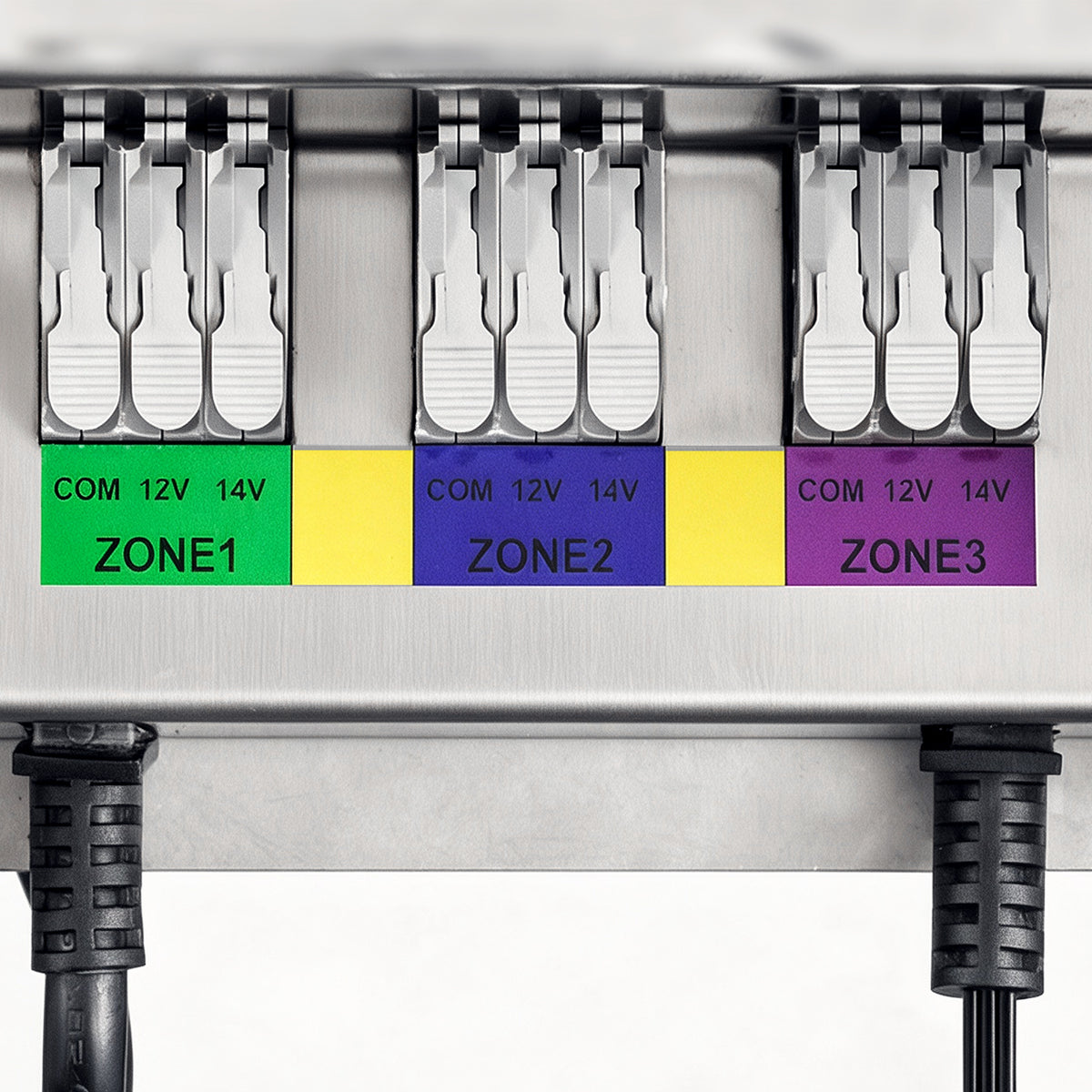 HIBOITEC 3-zone transformer terminals labeled COM, 12V and 14V for Zone 1, Zone 2 and Zone 3