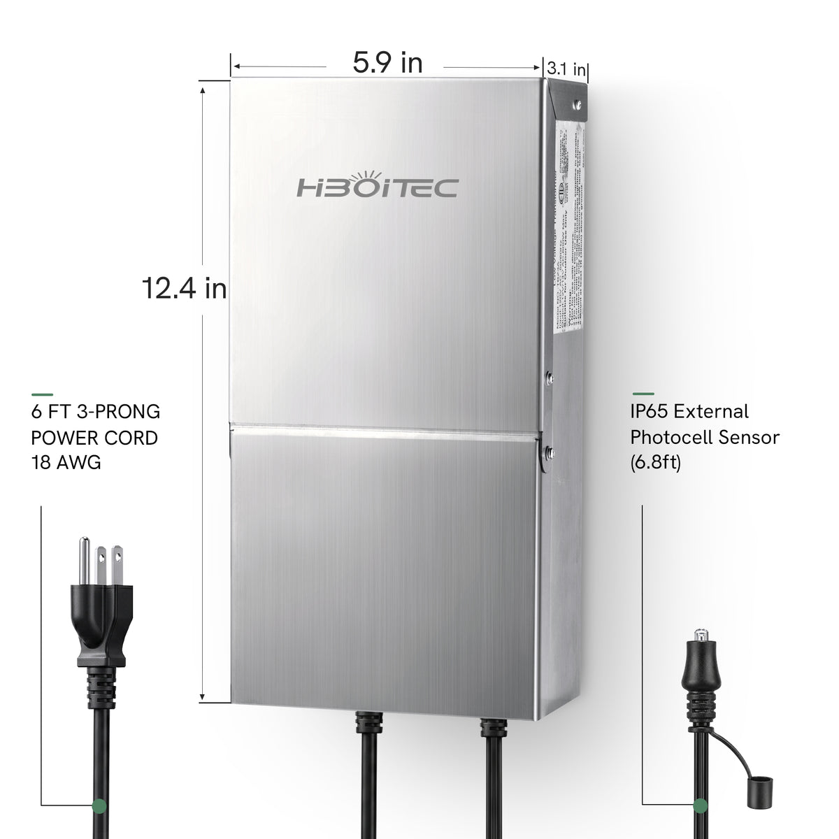 HIBOITEC 300W 3-zone transformer dimensions with power cord and external photocell