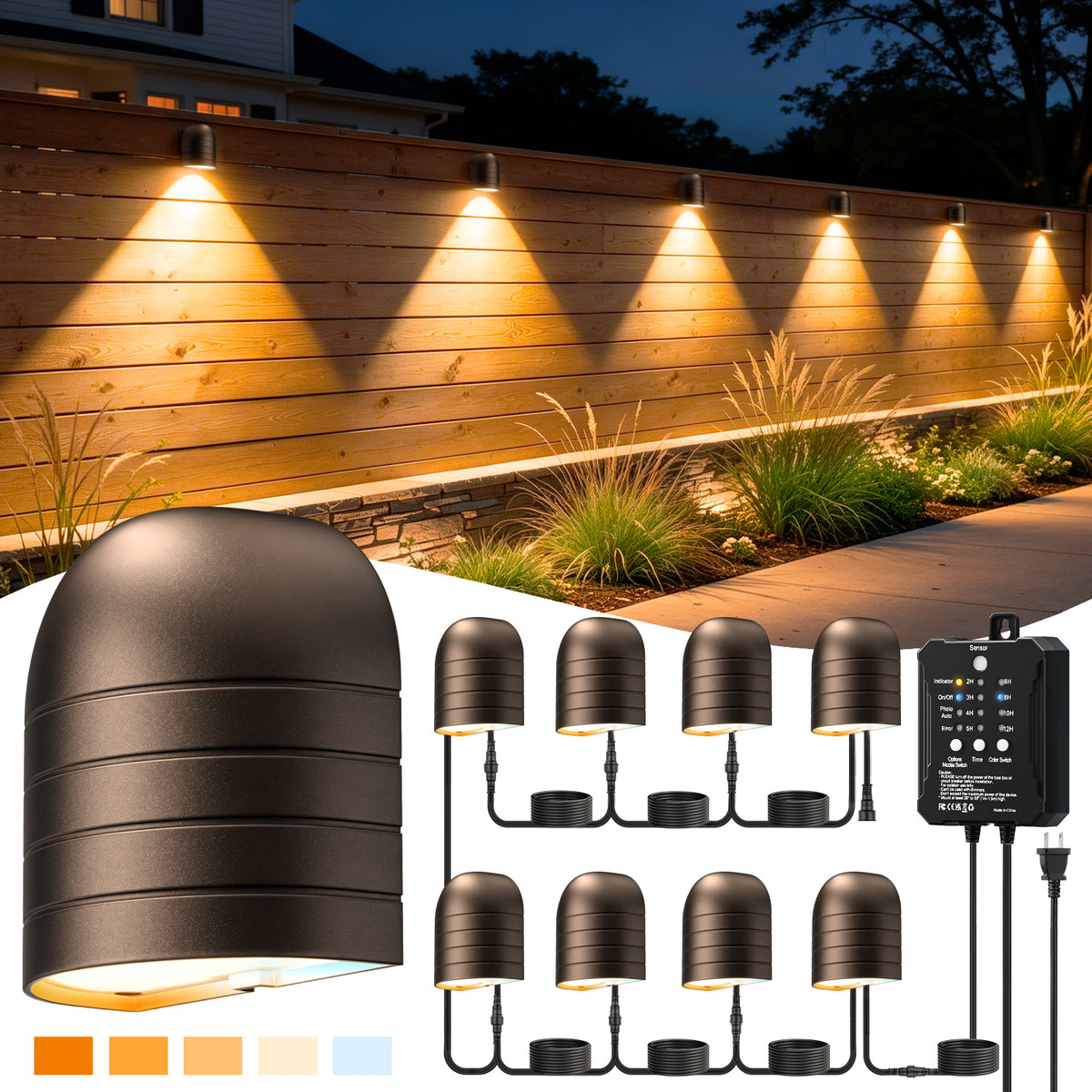 HIBOITEC cylinder rail light 8-light kit with plug-in power supply, shown along a fence.
