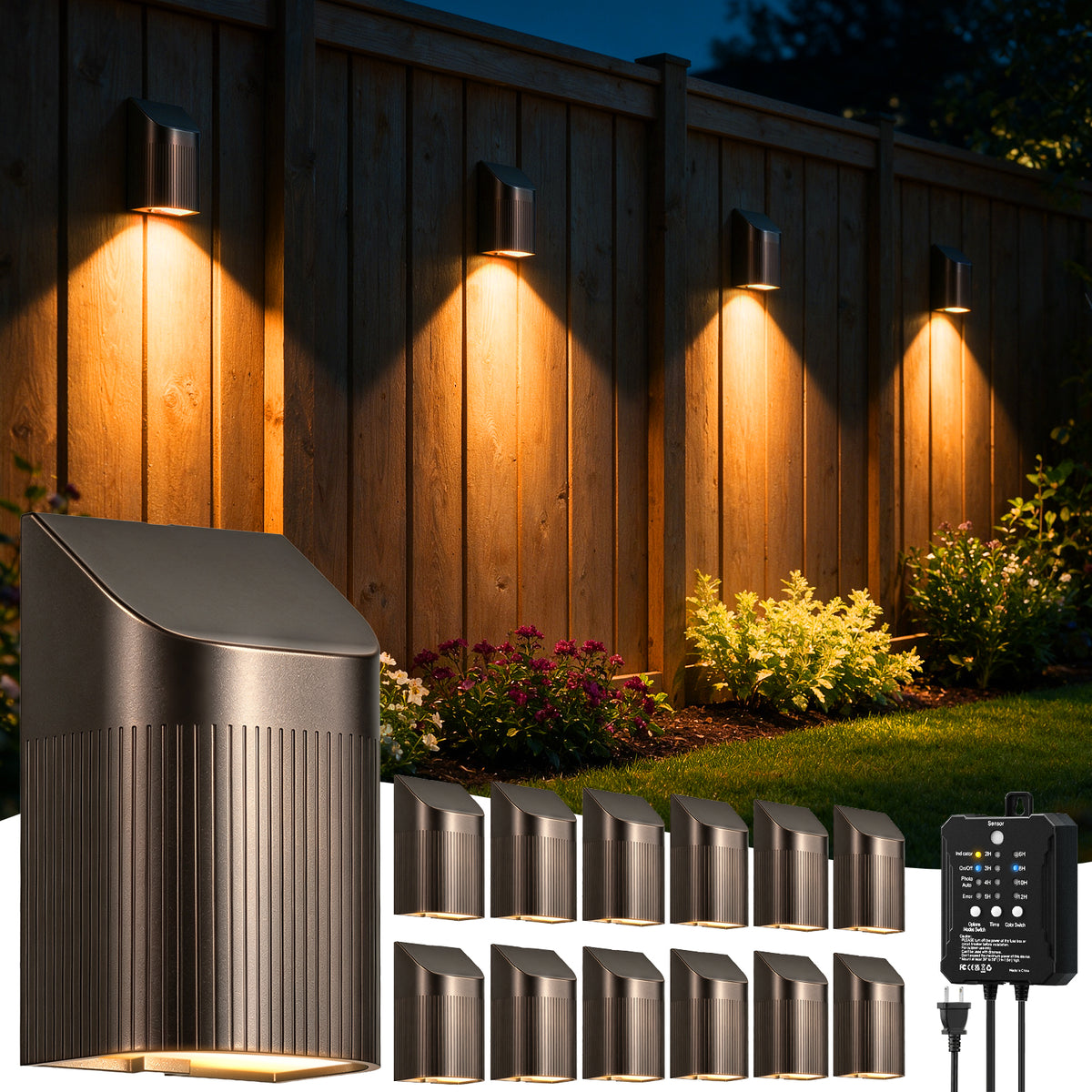 HIBOITEC square rail light 12-light kit with US plug-in power supply, shown along a fence.