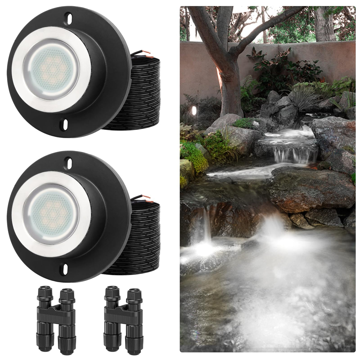 HIBOITEC Lampes de bassin 3W LED IP68 Étanche Lumières sous-marines avec Cordon UL Blanc chaud 2700K Éclairage paysager basse tension pour fontaine de jardin piscine Compatible 12-24V AC/DC Couleur : Chaud