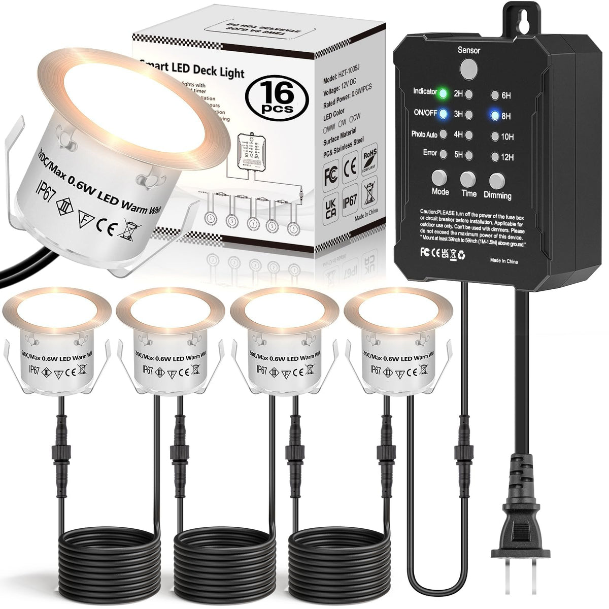 HIBOITEC Niedervolt-Deckleuchten Einbauset mit Transformator, dimmbar, Timer und Fotozellen-Sensor, LED-Terrassenbeleuchtung für den Außenbereich, IP67 wasserdicht, 4000K für Treppenstufen, Garten, Hof, Farbe: Weiß