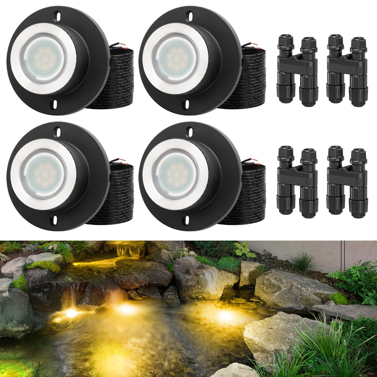 HIBOITEC Lampes de bassin 3W LED IP68 Étanche Lumières sous-marines avec Cordon UL Blanc chaud 2700K Éclairage paysager basse tension pour fontaine de jardin piscine Compatible 12-24V AC/DC Couleur : Chaud