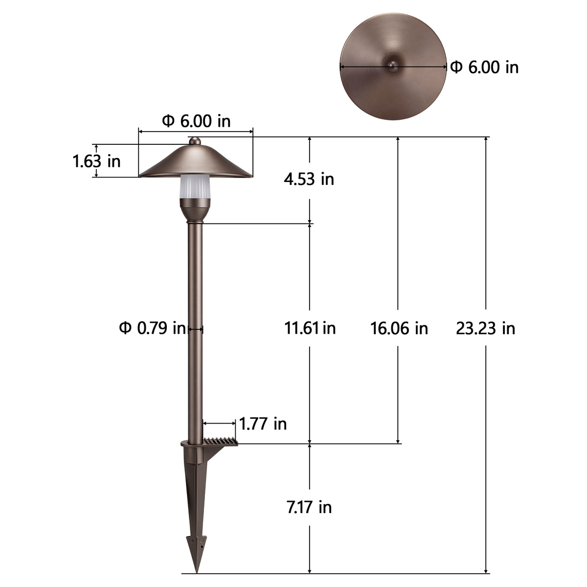 HIBOITEC China Hat Path Light in oil rubbed bronze — fixture and ground-stake dimensions in inches