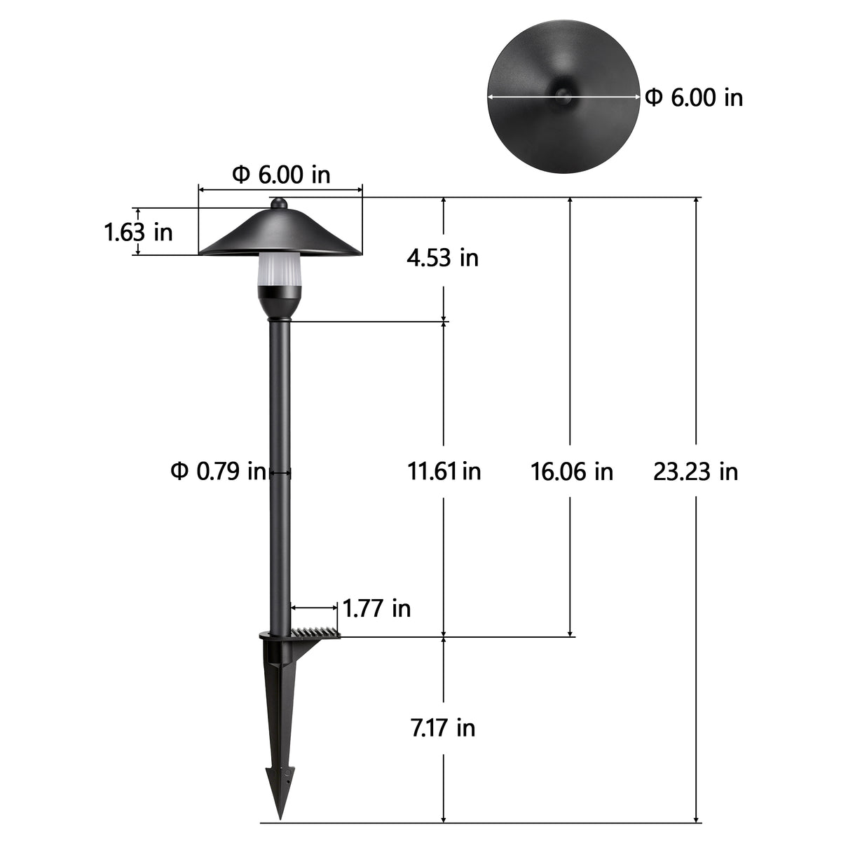 HIBOITEC China Hat Path Light in sand black — fixture and ground-stake dimensions in inches
