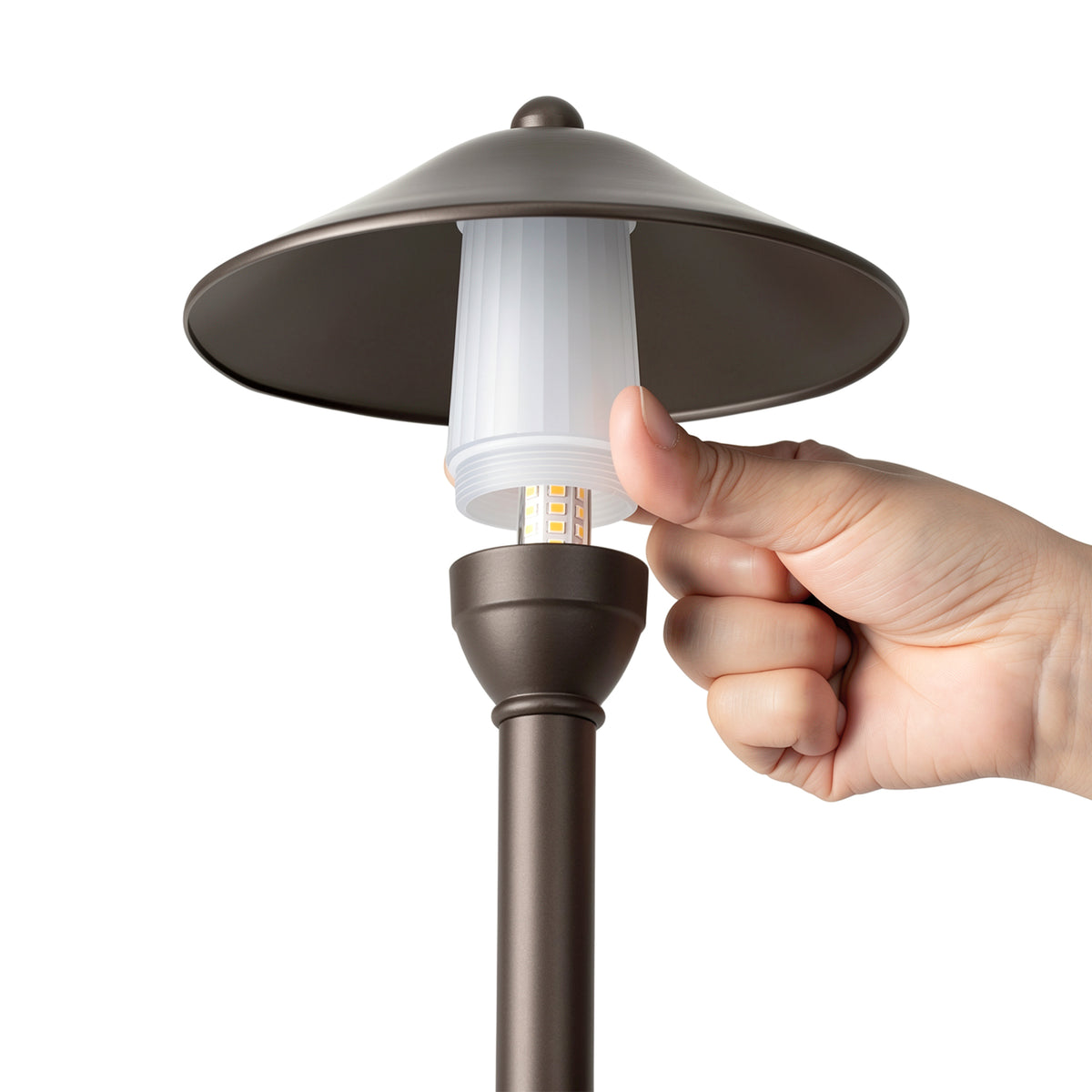 HIBOITEC China Hat Path Light in oil rubbed bronze — shade lifted to access the G4 bulb