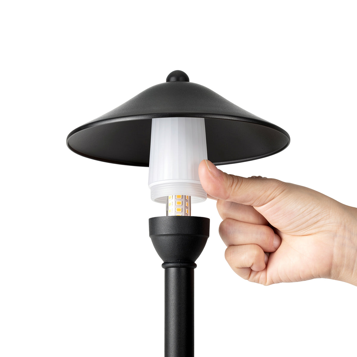 HIBOITEC China Hat Path Light in sand black — shade lifted to access the G4 bulb