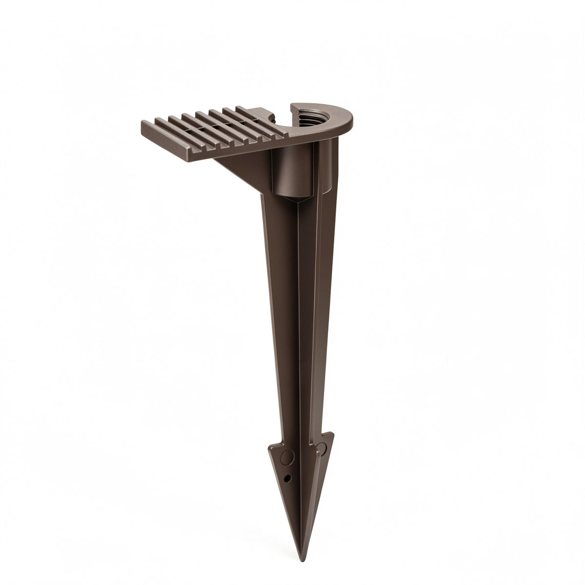 HIBOITEC China Hat Path Light in oil rubbed bronze — close-up of the ground stake and footplate