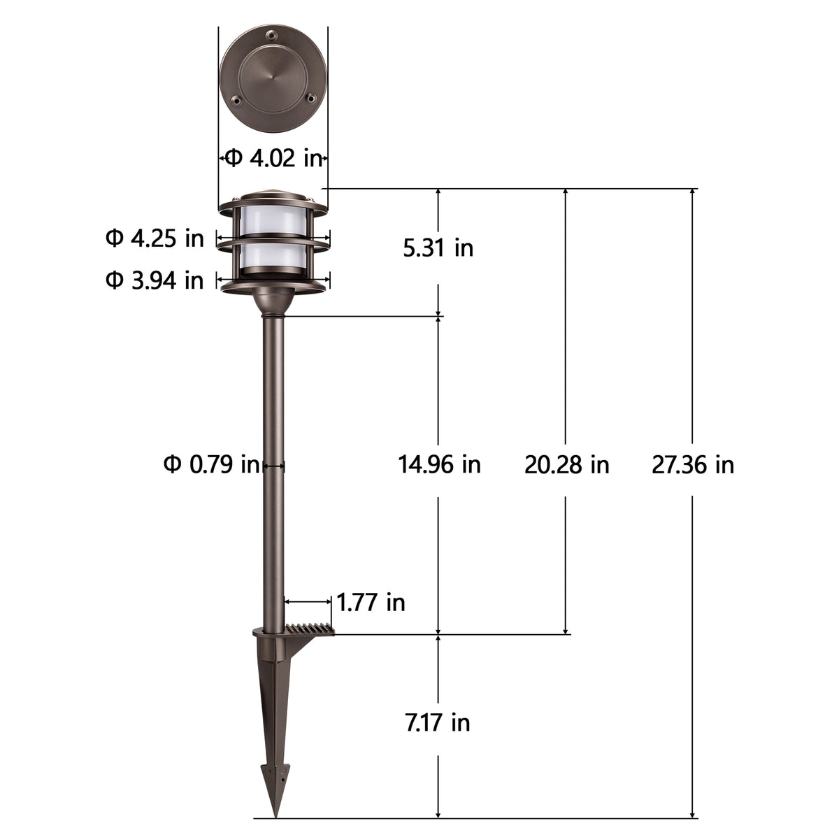 HIBOITEC Pagoda Path Light in oil rubbed bronze — fixture and ground-stake dimensions in inches